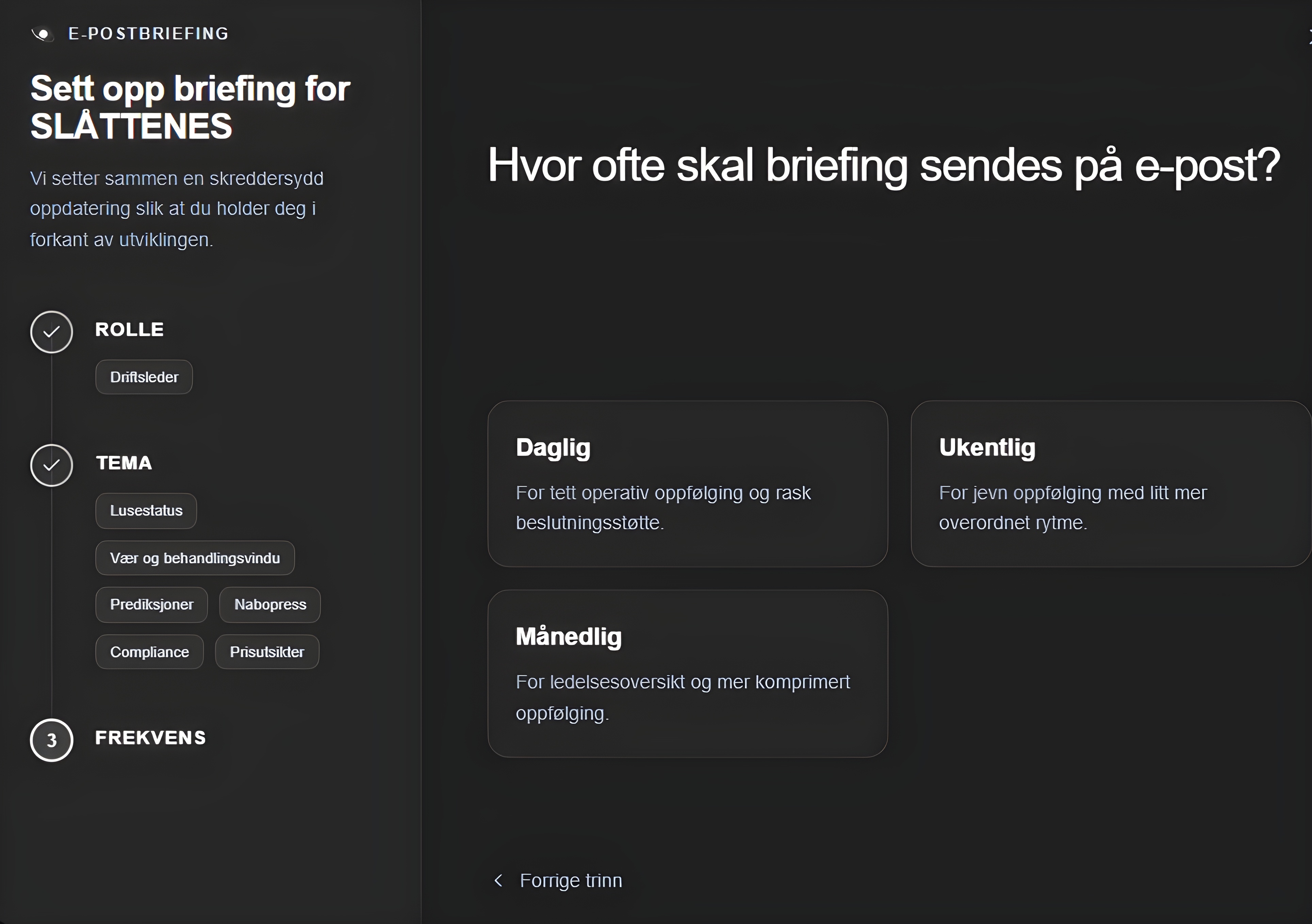 Skjermbilde fra Akvant: oppsett av e-postbriefing per lokalitet med valg av rolle, tema og frekvens.